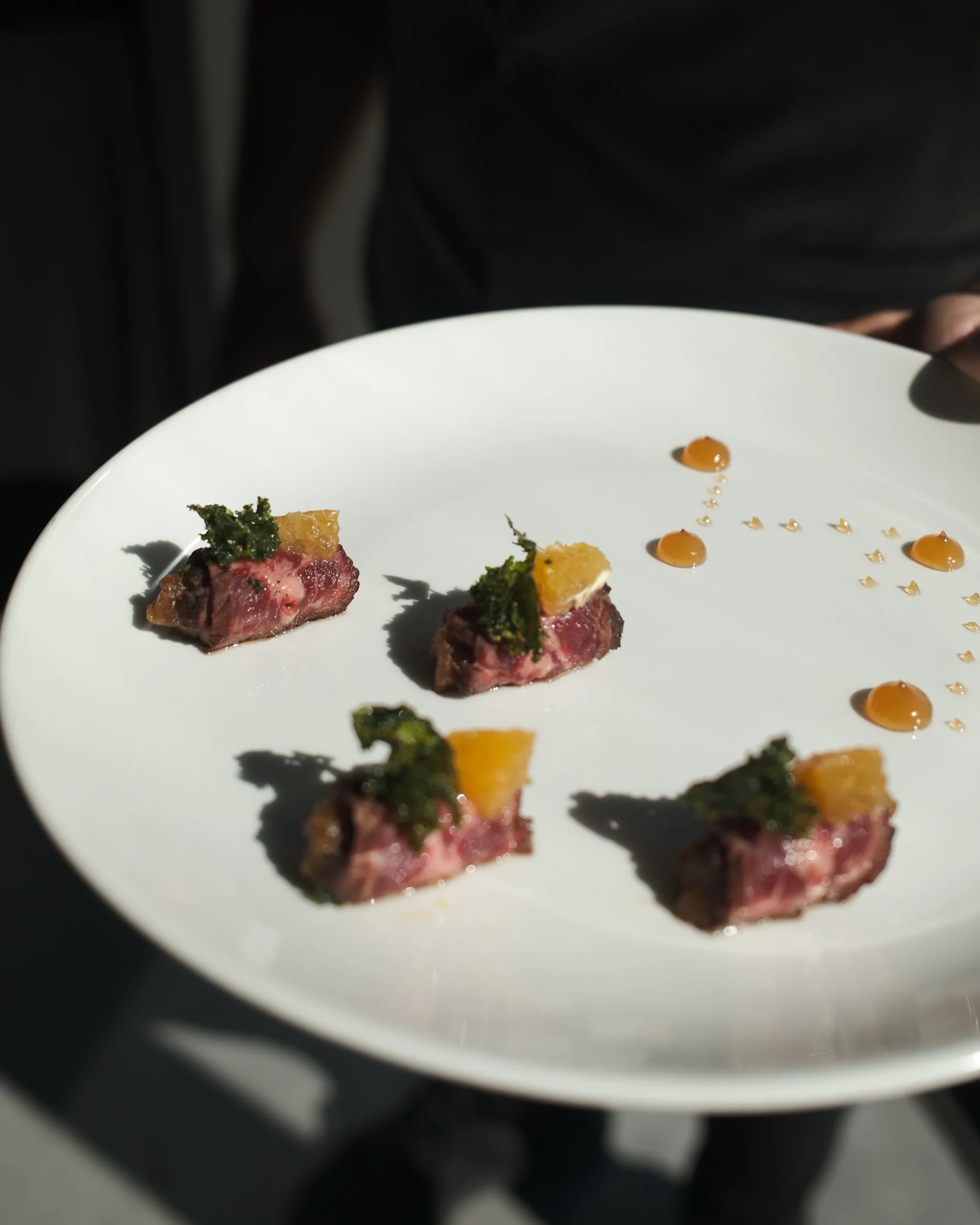 Plato de alta cocina con carne y cítricos, parte del menú degustación del restaurante de VIVOOD.