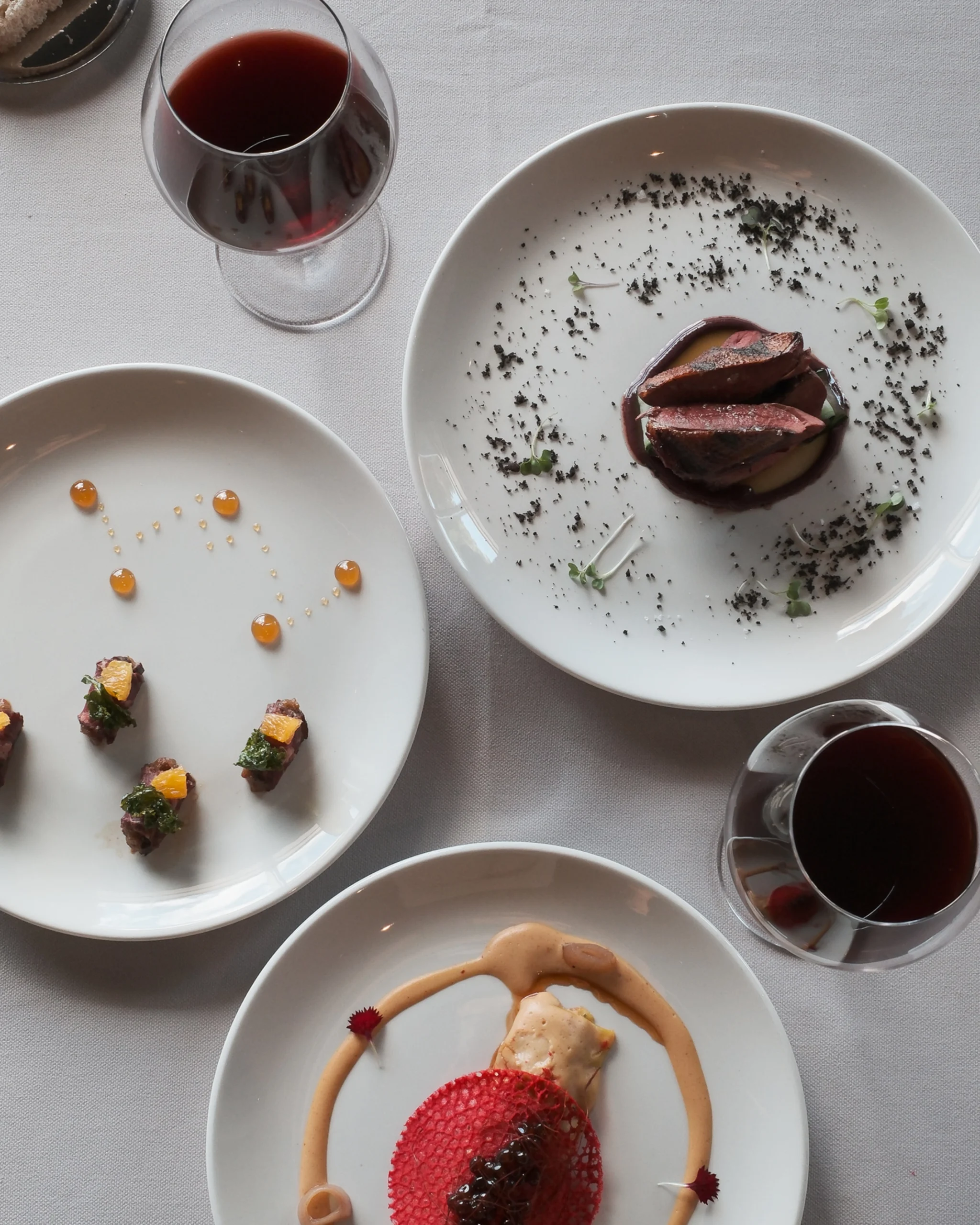 Menú de degustación con varios platos de autor maridados con vino tinto, en VIVOOD.