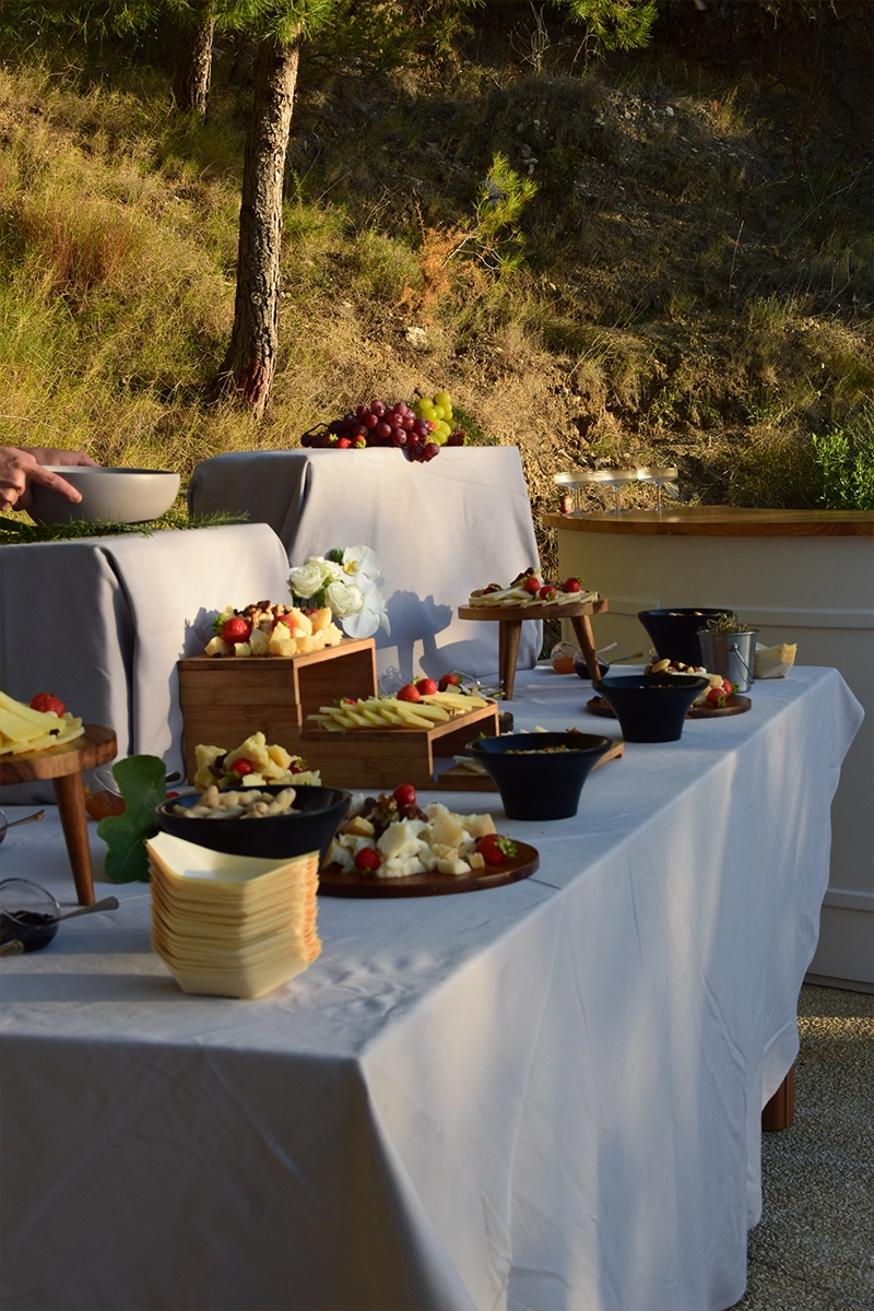 Mesa de quesos, frutas y aperitivos en exterior durante celebraciones privadas en VIVOOD Landscape Hotel en Guadalest